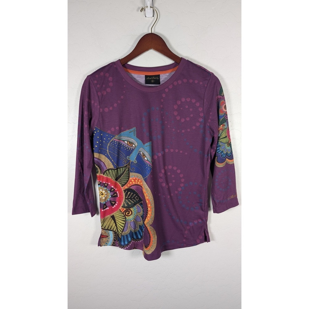 Laurel Burch Shirt Womens Medium Purple Cat Art Floral 3/4 Sleeve Tee Top
